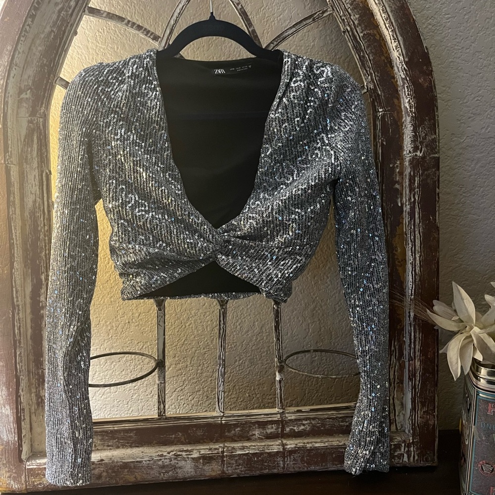 Zara beautiful Silver Sequin Cropped top , Size Medium